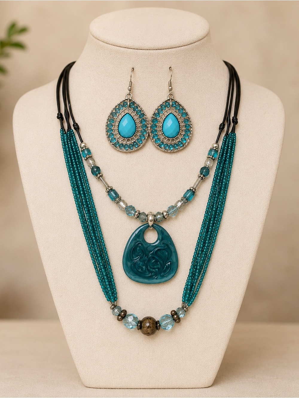 Turquoise Multi Strand Statement Necklace & Matching Earrings Boho Set